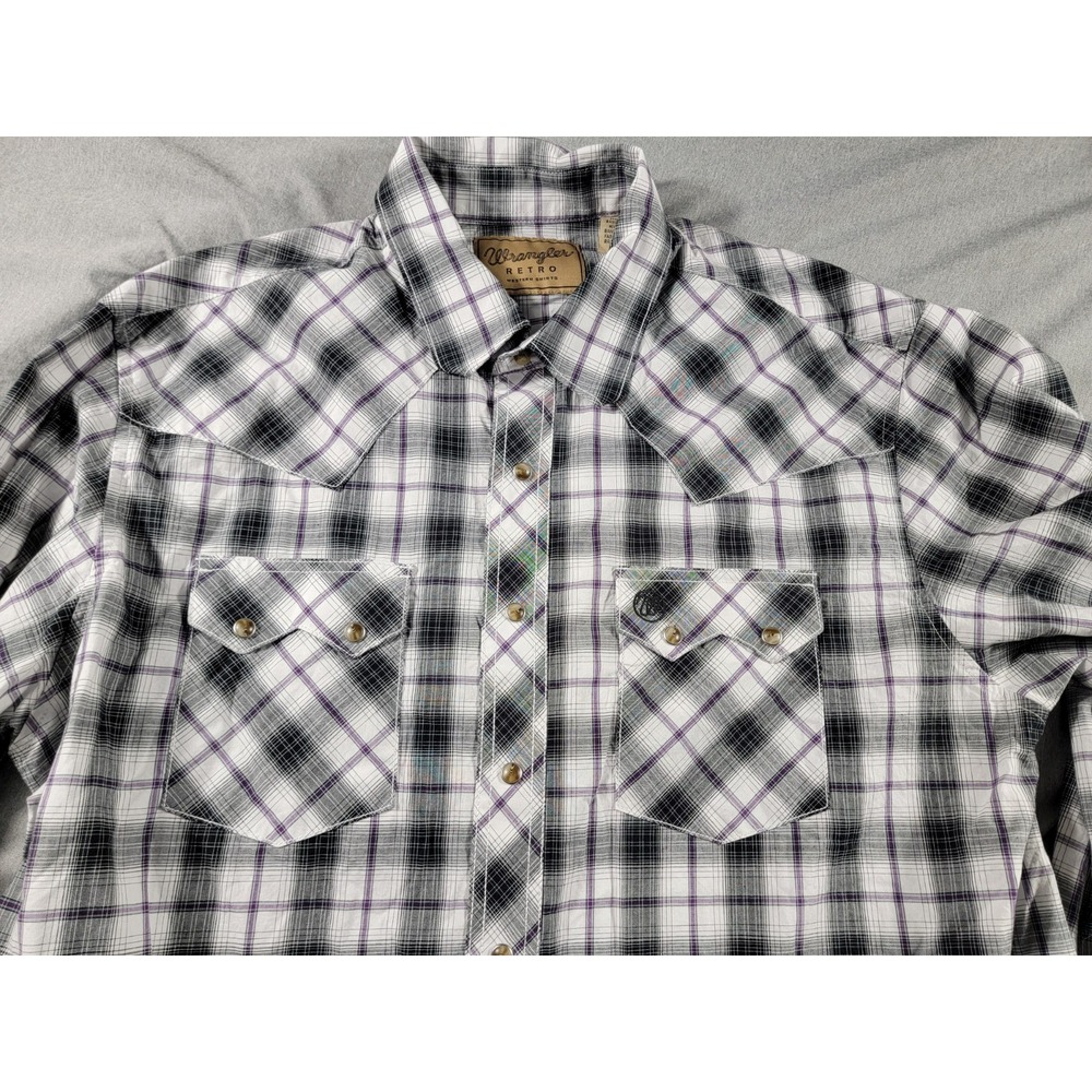 Wrangler Retro Pearl Snap Western Shirt Men's XL Black Purple Plaid‎ L/S Cowboy